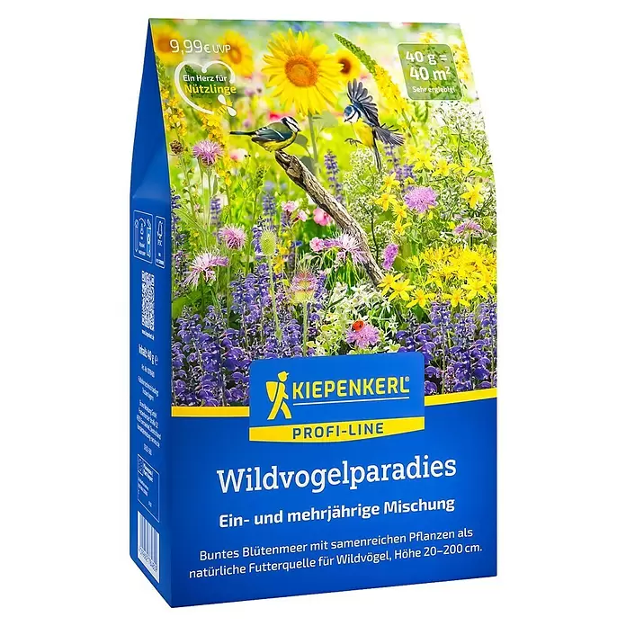 Kiepenkerl Profi-Line Blumenmischung Wildvogelparadies - Max. Wuchshöhe: 20 cm - 200 cm, Mischung, Mehrjährig - Blaue Kiepenkerl Wildvogelparadies Samenpackung mit bunter Illustration von Blumen und Vögeln.