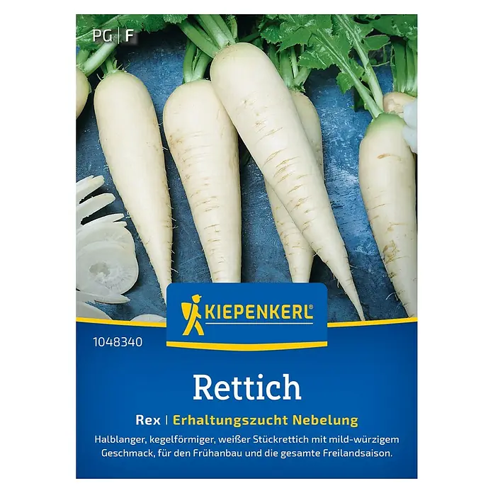 Kiepenkerl Profi-Line Gemüsesamen Rettich Rex - Raphanus sativus var. longipinnatus, Erntezeit: April - Das Bild zeigt eine Packung 'Rettich Rex' Samen von Kiepenkerl, mit einer Abbildung von frischen, weißen Rettichen.