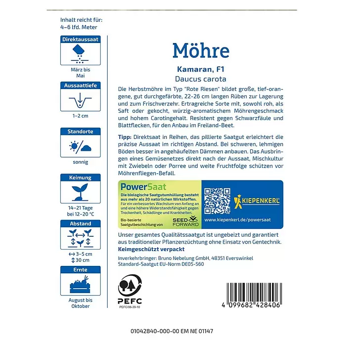 Kiepenkerl Profi-Line Gemüsesamen Kamaran Power Saat - Daucus carota, Erntezeit: August, Inhalt reicht für ca. 4 - 6 lfd. Meter - Samenpäckchen für 'Möhre Kamaran F1' Karotten, mit blauen und grünen Infografiken zu Aussaat, Pflege und Ernte.