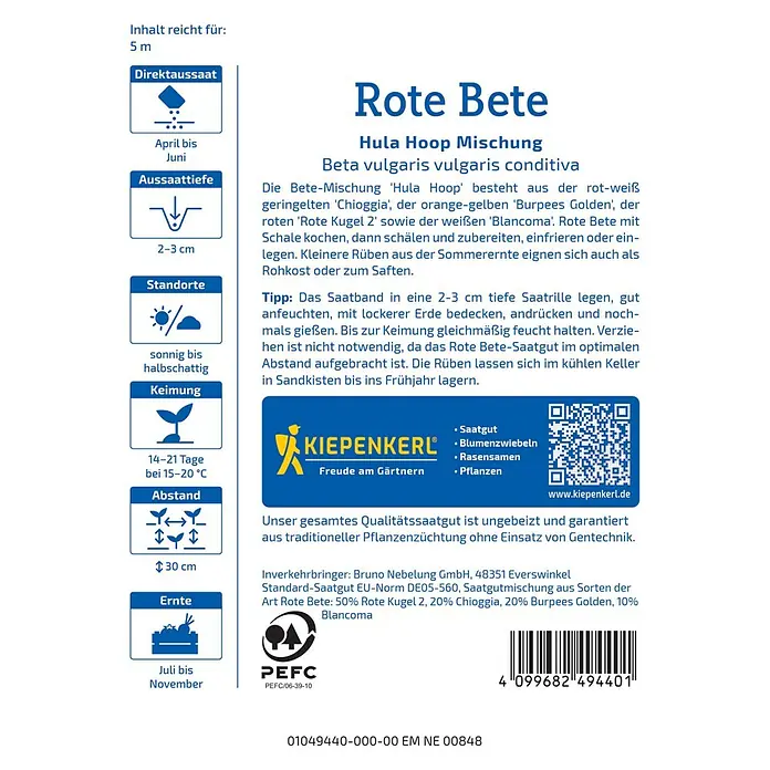 Kiepenkerl Gemüsesamen Rote Bete - Beta vulgaris, Erntezeit: Juli - Produktbild: Rote Bete 'Hula Hoop Mischung' Saattüte mit Anbauhinweisen und Informationen zur Aussaat und Ernte.