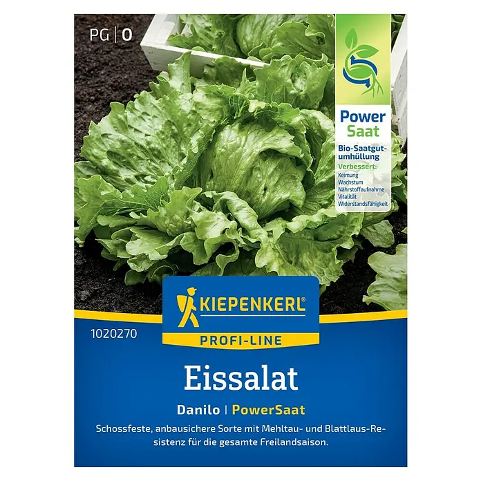 Kiepenkerl Salatsamen Eissalat Danilo - Lactuca sativa, Erntezeit: Mai - Abbildung eines Kiepenkerl Profi-Line Eissalat "Danilo PowerSaat" Samenpakets mit frischem, knackigem Eissalat im Hintergrund.