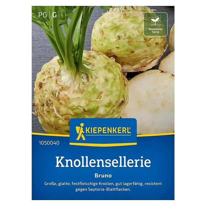 Kiepenkerl Profi-Line Gemüsesamen Knollensellerie - Apium graveolens var. rapaceum, Erntezeit: September - Abbildung eines Knollensellerie-Samenpakets der Marke Kiepenkerl, Sorte Bruno.