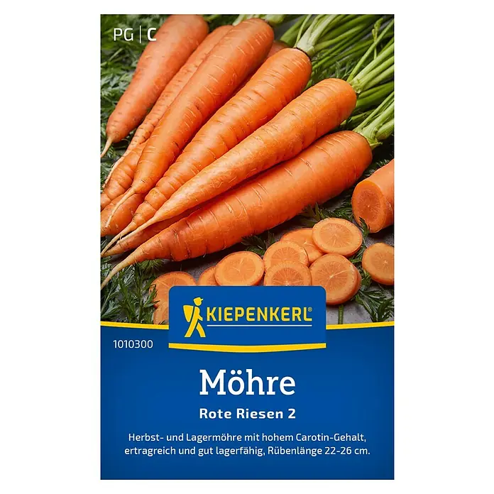 Kiepenkerl Gemüsesamen Möhre Rote Riesen 2 - Daucus carota ssp. sativus, Erntezeit: September - Bild einer "Möhre Rote Riesen 2" Saatguttüte von Kiepenkerl mit Karottenabbildung.