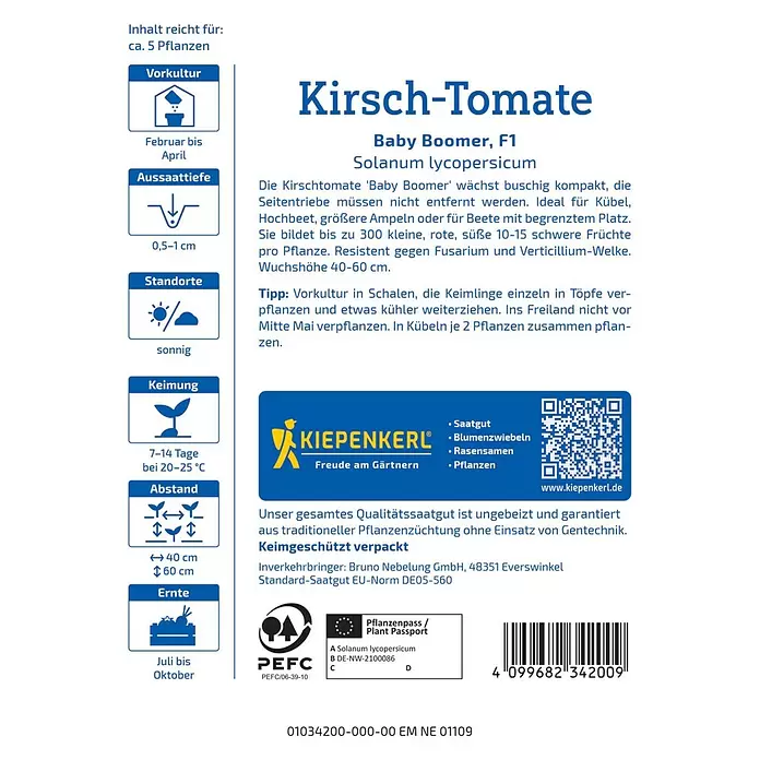 Kiepenkerl Gemüsesamen Baby Boomer - Erntezeit: Juli, Inhalt reicht für ca. 5 Pflanzen - Samenpäckchen für Kirsch-Tomaten 'Baby Boomer F1' mit Pflanzanleitung und Produktinformationen.