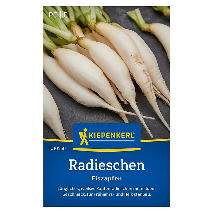 Kiepenkerl Gemüsesamen Radieschen Eiszapfen - Raphanus sativus var. sativus, Erntezeit: Juni - Abbildung der Saatguttüte "Radieschen Eiszapfen" von Kiepenkerl mit länglichen, weißen Radieschen.