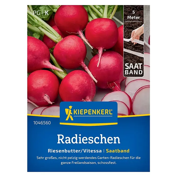 Kiepenkerl Profi-Line Gemüsesamen Radieschen Riesenbutter/Vitessa Saatband - Raphanus sativus var. sativus, Erntezeit: Juni - Samenpackung für Radieschen der Sorte Riesenbutter/Vitessa. Das Saatband ermöglicht eine einfache Aussaat und Kultivierung.