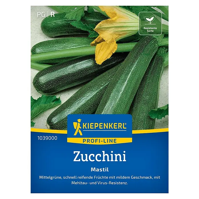 Kiepenkerl Profi-Line Gemüsesamen Zucchini Mastill - Cucurbita pepo, Erntezeit: Juli - Samenpackung für "Zucchini Mastil" von Kiepenkerl, eine resistente Sorte, die mittelgrüne Früchte mit mildem Geschmack liefert.