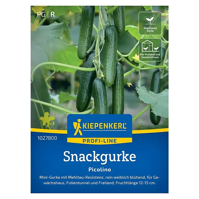 Kiepenkerl Profi-Line Gemüsesamen Snackgurke Picolino - Cucumis sativus, Erntezeit: Juli - Abbildung der Snackgurke Picolino-Samenpackung von Kiepenkerl Profi-Line, ideal für den Anbau von resistenten Minigurken im Freien.