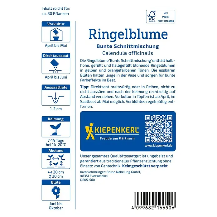 Kiepenkerl Blumensamen Ringelblumen - Calendula officinalis, Mehrfarbig - Samenpackung Ringelblume, bunte Schnittmischung Calendula officinalis mit Aussaat- und Pflegehinweisen für den Garten.