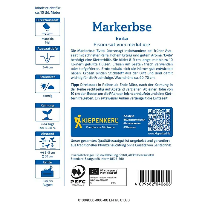 Kiepenkerl Profi-Line Gemüsesamen Markerbse Evita - Pisum sativum, Erntezeit: Juni - Samentüte der Markerbse 'Evita'. Die Packung enthält Informationen zur Aussaat, Ernte und den Anbaubedingungen dieser Sorte.