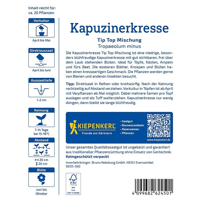 Kiepenkerl Profi-Line Kräutersamen Kapuzinerkresse Tip Top Mischung (Tropaeolum minus, Saatzeit: Mai) | BAUHAUS