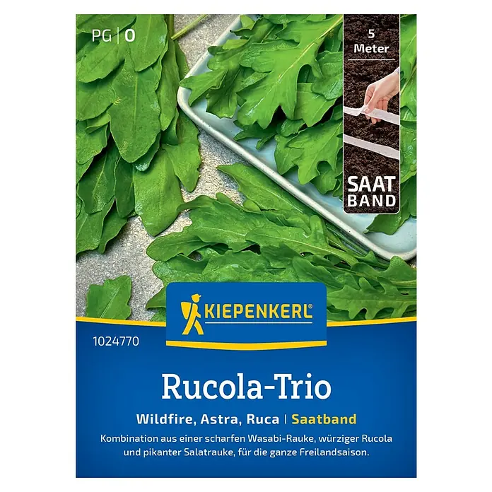 Kiepenkerl Profi-Line Salatsamen Salatrauke Trio Wildfire, Astra,Ruca - Eruca sativa, Erntezeit: Ganzjährig - Samenpackung Rucola-Trio von Kiepenkerl mit den Sorten Wildfire, Astra und Ruca als Saatband für die Aussaat im Freiland.