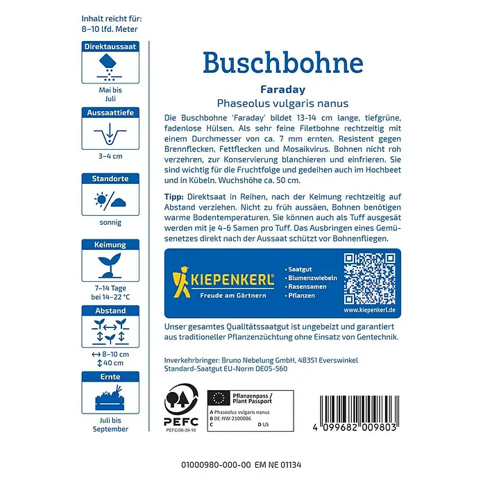 Kiepenkerl Profi-Line Gemüsesamen Buschbohne Faraday - Phaseolus vulgaris var. nanus, Erntezeit: Juli - Samenpackung für Buschbohnen 'Faraday', einer resistenten Sorte mit tiefgrünen, fadenlosen Hülsen, ideal für den Anbau im Garten oder Kübel.