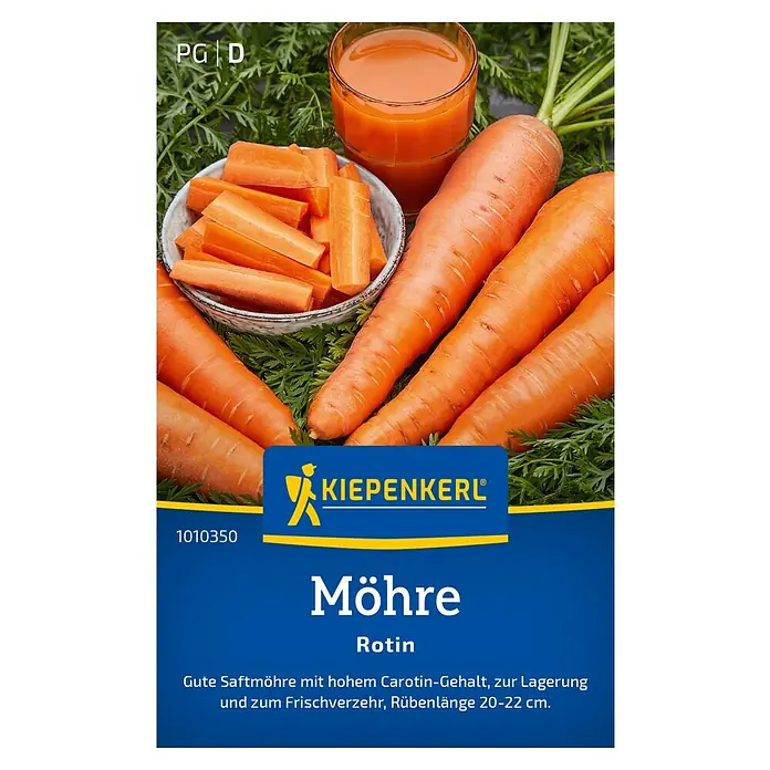 Kiepenkerl Gemüsesamen Möhre - Daucus carota ssp. sativus, Erntezeit: August - Produktbild der "Möhre Rotin" von Kiepenkerl. Saftige Karotten mit hohem Carotingehalt, ideal für Lagerung und Frischverzehr. Rübenlänge 20-22 cm.