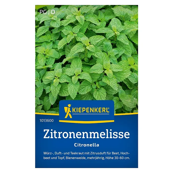 Kiepenkerl Kräutersamen Zitronenmelisse Citronella - Melissa officinalis, Saatzeit: März, Erntezeit: Ganzjährig - Bild einer Verpackung Zitronenmelisse 'Citronella' von Kiepenkerl. Die mehrjährige Pflanze ist ideal für Beet, Topf und als Bienenweide.