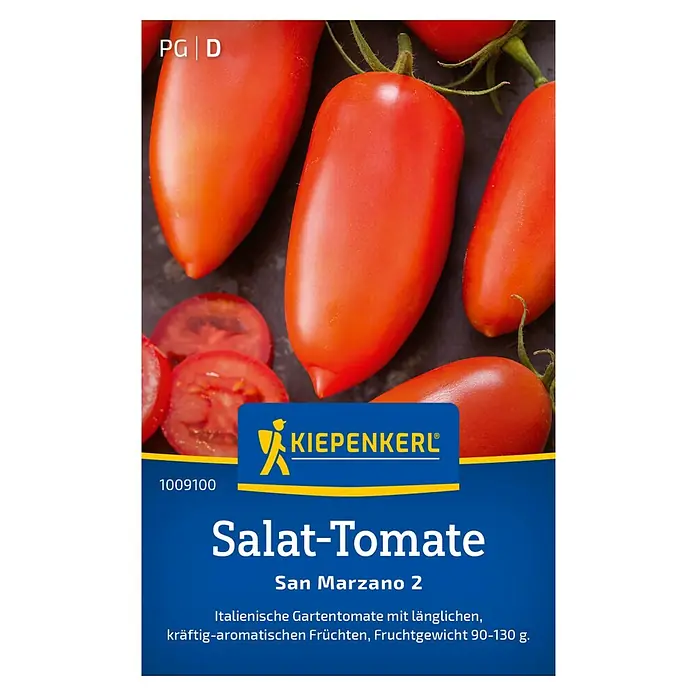 Kiepenkerl Gemüsesamen Salat-Tomate - Solanum lycopersicum, Erntezeit: Juli - Abbildung der Salat-Tomate 'San Marzano 2' von Kiepenkerl. Eine längliche, kräftig-aromatische Gartentomate mit einem Fruchtgewicht von 90-130 g.