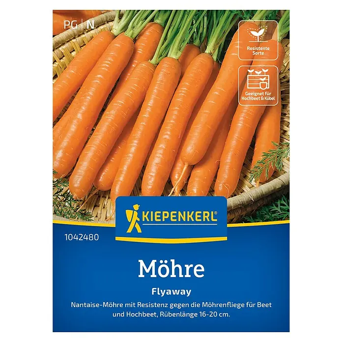 Kiepenkerl Profi-Line Gemüsesamen Möhre Flyaway, F1 - Daucus carota ssp. sativus, Erntezeit: Juli - Samenpackung "Möhre Flyaway" von Kiepenkerl. Ideal für Beet und Hochbeet, resistent gegen die Möhrenfliege, Rübenlänge 16-20 cm.