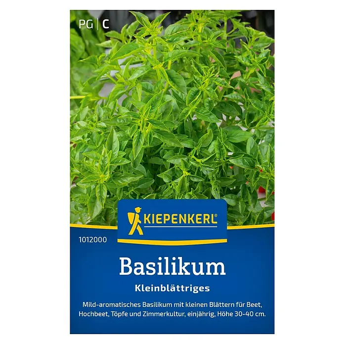 Kiepenkerl Kräutersamen Basilikum kleinblättrig - Ocimum basilicum, Erntezeit: Juni - Bild der Basilikum-Pflanze von Kiepenkerl, eine kleinblättrige Sorte für Beet, Hochbeet, Töpfe und Zimmerkultur.