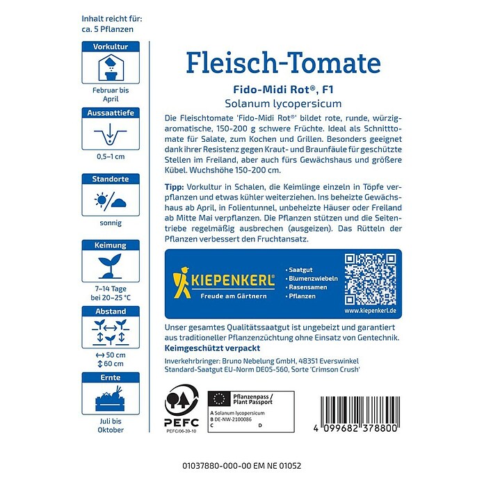 Kiepenkerl Profi-Line Gemüsesamen Fleisch-Tomate Fido-Midi Rot (Solanum lycopersicum, Erntezeit: Juli) | BAUHAUS