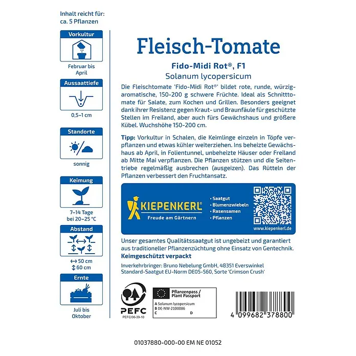 Kiepenkerl Profi-Line Gemüsesamen Fleisch-Tomate Fido-Midi Rot - Solanum lycopersicum, Erntezeit: Juli - Produktbild der Fleischtomate 'Fido-Midi Rot', F1, Solanum lycopersicum, mit Anbauhinweisen und dem Logo von Kiepenkerl.