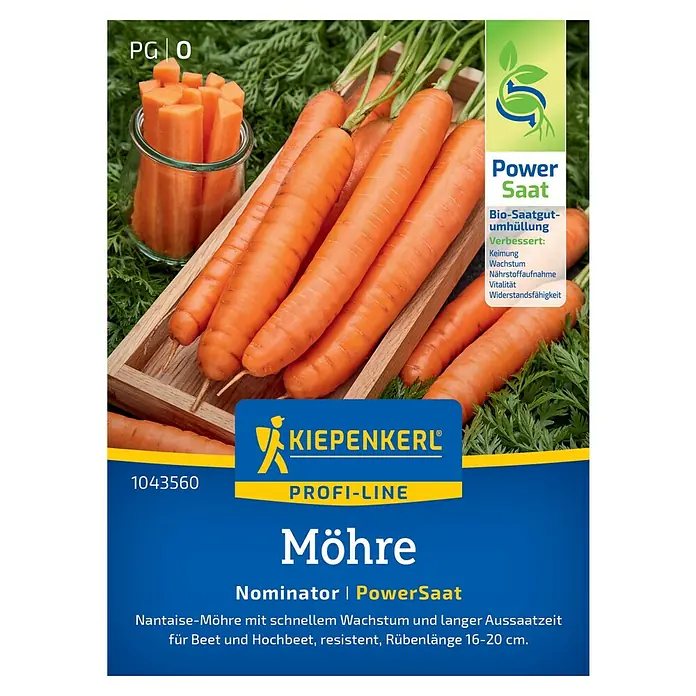 Kiepenkerl Profi-Line Gemüsesamen Möhren PowerSaat - Daucus carota, Erntezeit: Juli - Das Bild zeigt eine Kiepenkerl Profi-Line Möhre Nominator PowerSaat Packung mit frischen Karotten.