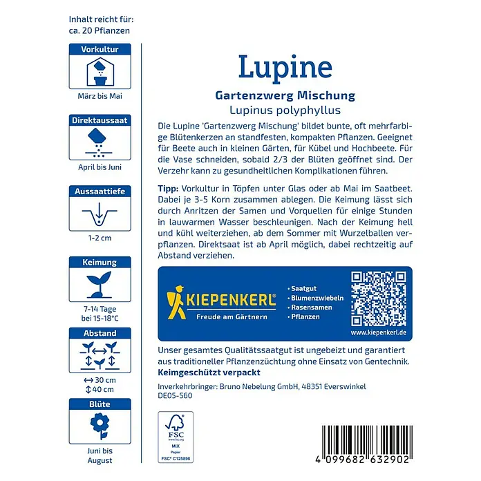 Kiepenkerl Profi-Line Blumensamenmischung Lupine Gartenzwerg - Lupinus polyphyllus, Mehrfarbig - Bild einer Lupine 'Gartenzwerg Mischung' Samenpackung von Kiepenkerl mit Anbauhinweisen.