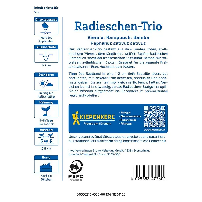 Kiepenkerl Gemüsesamen Saatband Radieschen-Trio - Raphanus sativus sativus, Inhalt reicht für 5 lfd. Meter - Abbildung der 'Radieschen-Trio' Saatgutpackung von Kiepenkerl mit Aussaat- und Erntehinweisen.