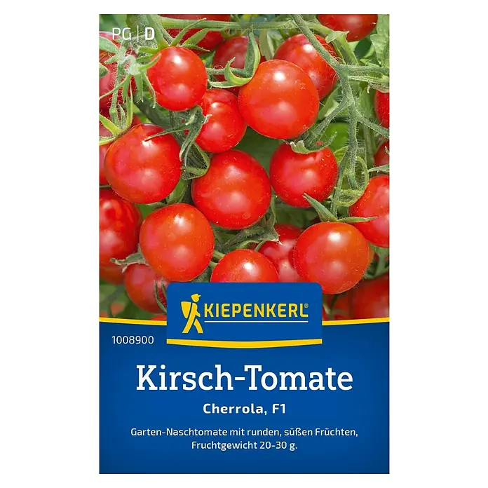 Kiepenkerl Gemüsesamen Kirsch-Tomate - Solanum lycopersicum, Erntezeit: Juli - Produktbild der Kirschtomate 'Cherrola F1' von Kiepenkerl. Saftige, rote Tomaten auf der Rispe, ideal für den Naschgarten.