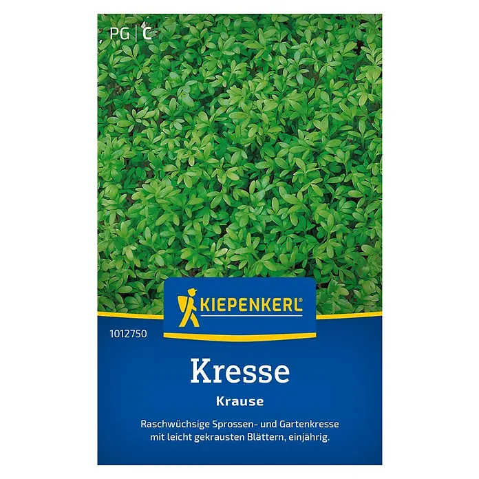 Kiepenkerl Kräutersamen Kresse, kraus - Lepidium sativum, Saatzeit: Ganzjährig, Erntezeit: Ganzjährig - Samenpackung Kresse Krause von KIEPENKERL mit einem Bild von grünen Kresseblättern.