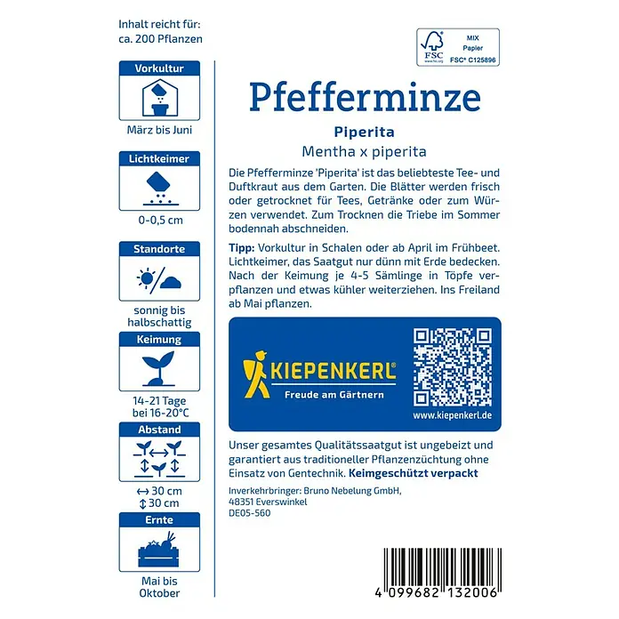 Kiepenkerl Kräutersamen Pfefferminze Piperita - Mentha piperita, Saatzeit: März, Erntezeit: Juni - Pfefferminze Piperita Saatgutpackung mit Anbauhinweisen und Informationen zur Ernte.