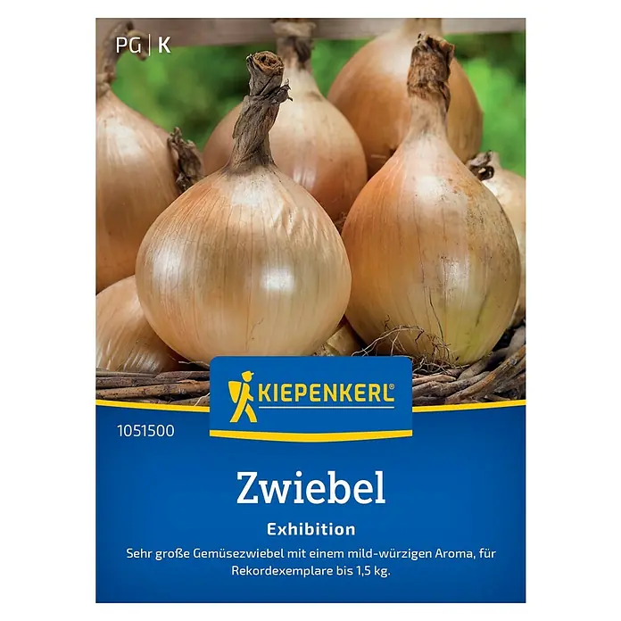 Kiepenkerl Profi-Line Gemüsesamen Gemüsezwiebel Exhibition - Allium cepa, Erntezeit: August - Samentüte mit der Abbildung von 'Kiepenkerl Zwiebel Exhibition', einer sehr großen Gemüsezwiebel für Rekordexemplare bis 1,5 kg.