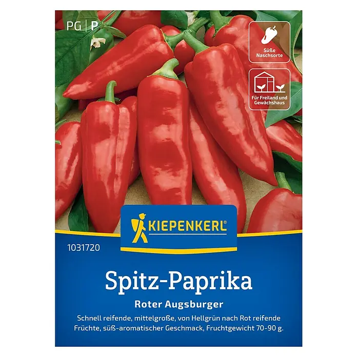 Kiepenkerl Profi-Line Gemüsesamen Spitzpaprika - Capsicum annuum, Erntezeit: Juli - Abbildung einer Samenpackung für "Spitz-Paprika Roter Augsburger". Die Packung zeigt reife, rote Spitzpaprika.