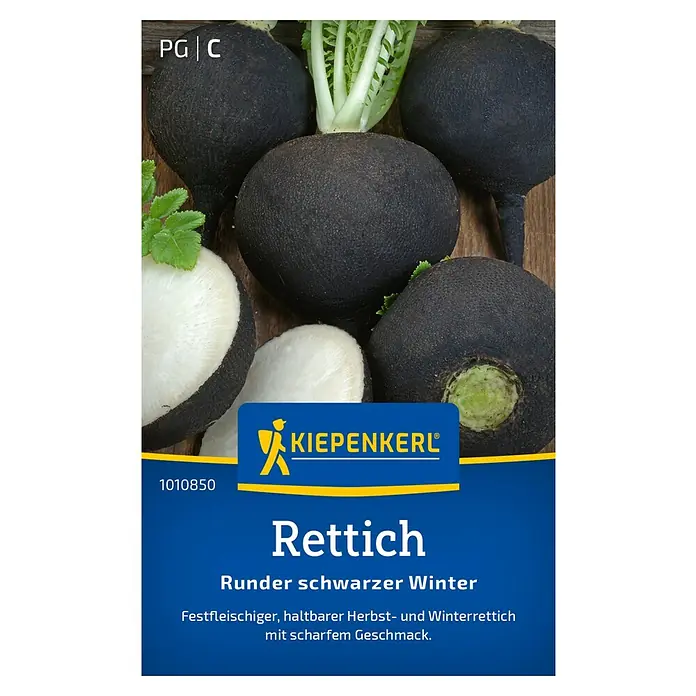 Kiepenkerl Gemüsesamen Rettich runder schwarzer Winter - Raphanus sativus, Erntezeit: Juni - Ein Bild von „Kiepenkerl“-Samen für schwarzen Winterrettich, eine Sorte mit festem Fleisch und scharfem Geschmack.