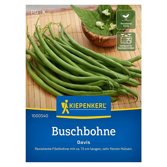 Kiepenkerl Profi-Line Gemüsesamen Buschbohne Davis - Phaseolus vulgaris, Erntezeit: Juli - Samenpackung Buschbohne 'Davis' von Kiepenkerl mit frischen, grünen Bohnen und Hinweisen zur Resistenz und Eignung für Hochbeete.