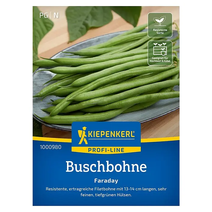 Kiepenkerl Profi-Line Gemüsesamen Buschbohne Faraday - Phaseolus vulgaris var. nanus, Erntezeit: Juli - Samenpackung für Buschbohnen der Sorte 'Faraday', resistent und ertragreich, ideal für den Garten.