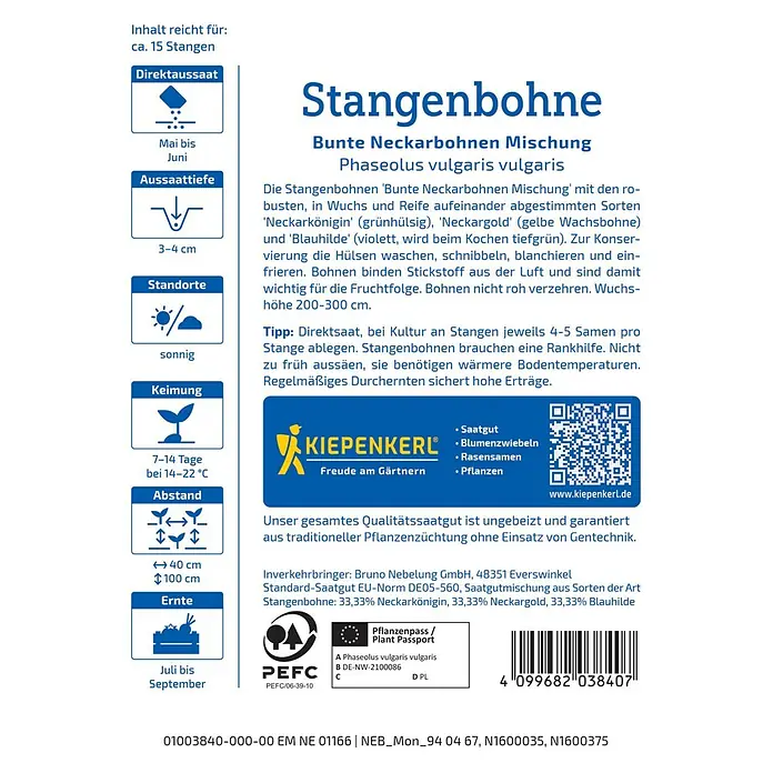 Kiepenkerl Gemüsesamenmischung Bunte Neckarbohnen Mischung - Phaseolus vulgaris vulgaris, Erntezeit: Juli - Samenpackung Stangenbohne Bunte Neckarbohnen Mischung von Kiepenkerl, ideal für den Anbau verschiedener Sorten im eigenen Garten.