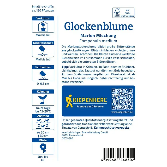 Kiepenkerl Blumensamen Glockenblume - Campanula medium, Mehrfarbig - Bild einer Glockenblume Marien Mischung Campanula medium Samenpackung von Kiepenkerl, ideal für den Garten.