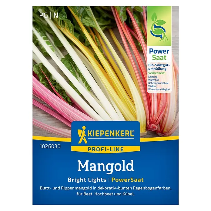 Kiepenkerl Profi-Line Gemüsesamen Mangold PowerSaat - Beta vulgaris var. vulgaris, Erntezeit: Juni - Samenpackung Mangold Bright Lights PowerSaat von KIEPENKERL. Blatt- und Rippenmangold in bunten Farben für Beet, Hochbeet und Kübel.