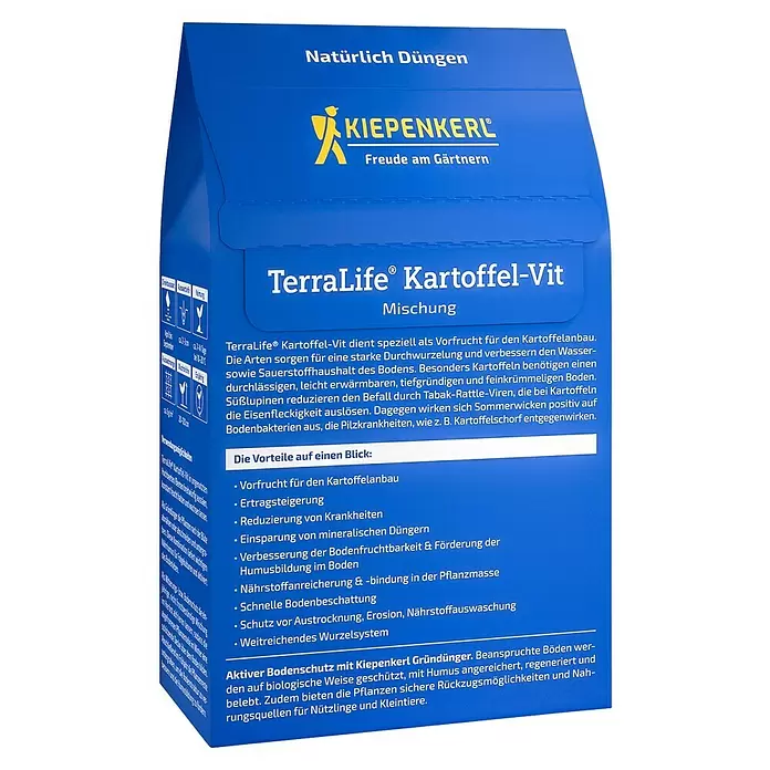 Kiepenkerl Gründüngung erraLife® Kartoffel-Vit - Inhalt reicht für ca. 80 Quadratmeter - Blaue KIEPENKERL TerraLife® Kartoffel-Vit Mischung Beutel für den Kartoffelanbau.