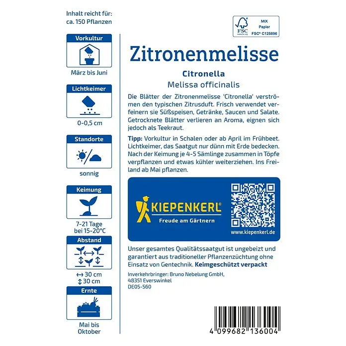 Kiepenkerl Kräutersamen Zitronenmelisse Citronella - Melissa officinalis, Saatzeit: März, Erntezeit: Ganzjährig - Bild einer Saatguttüte für Zitronenmelisse 'Citronella' (Melissa officinalis) von Kiepenkerl, ideal für den Garten.