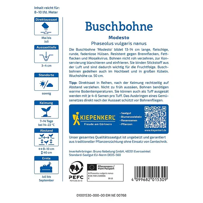 Kiepenkerl Gemüsesamen Buschbohne Modesto - Phaseolus vulgaris, Erntezeit: Juli - Bild einer 'Modesto' Buschbohnen-Samenpackung von Kiepenkerl mit Informationen zu Anbau und Ernte.