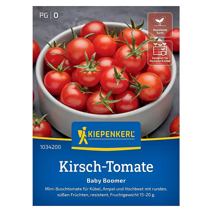 Kiepenkerl Gemüsesamen Baby Boomer - Erntezeit: Juli, Inhalt reicht für ca. 5 Pflanzen - Frische rote Kirschtomaten mit grünen Stielen auf einer Samentüte der Sorte 'Baby Boomer'.