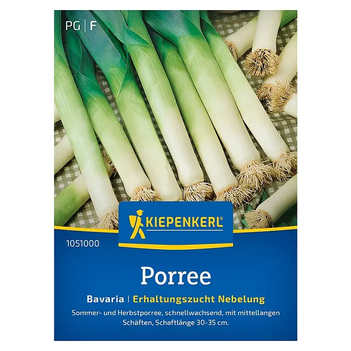 Kiepenkerl Profi-Line Gemüsesamen Porree Bavaria - Allium porrum, Erntezeit: August - Bild der 'Kiepenkerl Porree Bavaria' Samenpackung. Eine Sorte mit mittellangen Schäften, ideal für Sommer- und Herbstanbau.