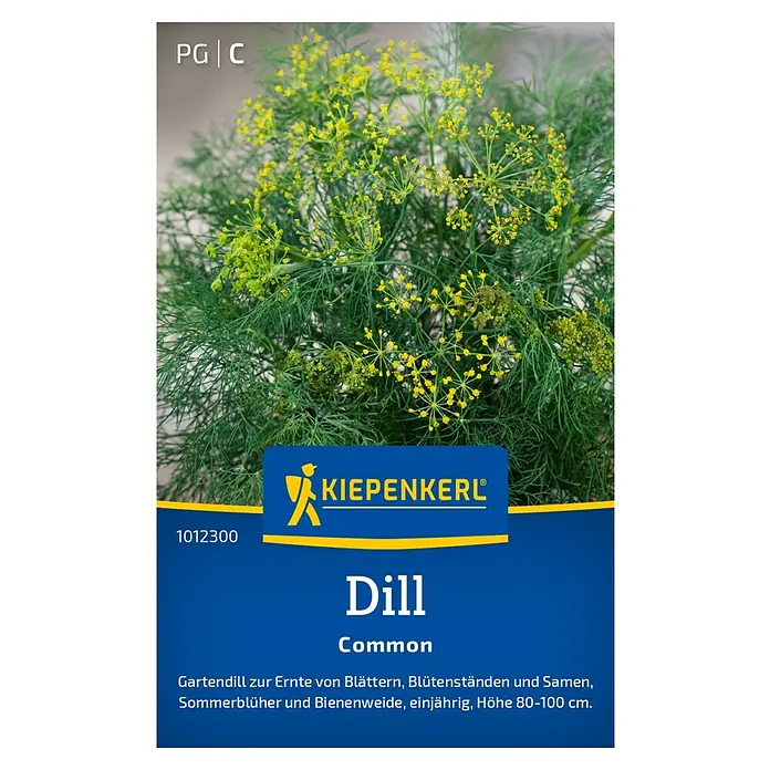 Kiepenkerl Kräutersamen Dill Common - Anethum graveolens var. hortorum, Saatzeit: April, Erntezeit: Juni - Das Bild zeigt eine Packung Dill "Common" von Kiepenkerl mit einem Foto der Pflanze, die grüne Blätter und gelbe Blüten hat.