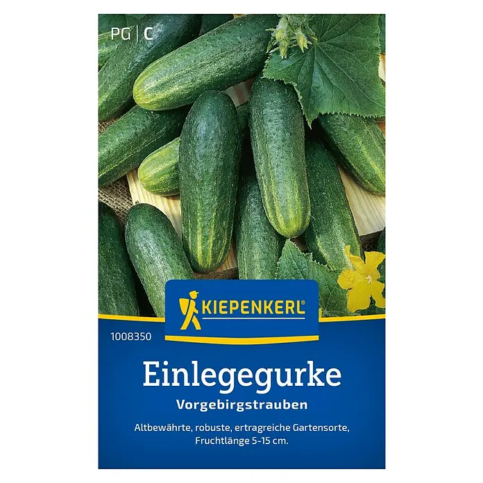 Kiepenkerl Gemüsesamen Einlegegurke Vorgebirgstrauben - Cucumis sativus, Erntezeit: Juli - Abbildung von Einlegegurken 'Vorgebirgstrauben' von Kiepenkerl, einer robusten Sorte mit einer Fruchtlänge von 5-15 cm.