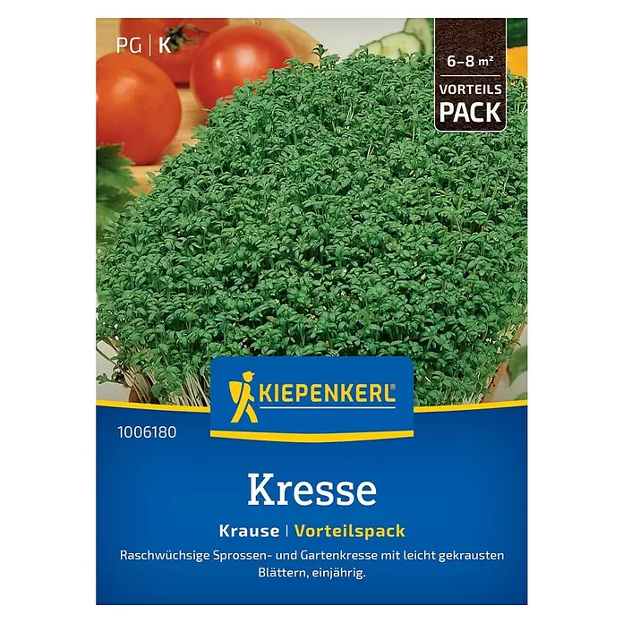 Kiepenkerl Kräutersamen Kresse Vorteilspackung - Lepidium sativum, Saatzeit: Ganzjährig, Erntezeit: April - KIEPENKERL Vorteilspackung für Krause Kresse Samen, mit grüner Kresse abgebildet.