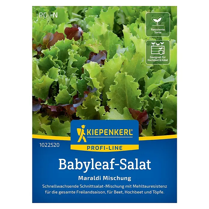Kiepenkerl Profi-Line Salatsamen Blattsalat Babyleaf Maraldi-Mischung - Lactuca sativa, Erntezeit: April - Abbildung der Saatgutpackung 'Babyleaf-Salat Maraldi Mischung' von Kiepenkerl Profi-Line, eine schnellwachsende Salatmischung.