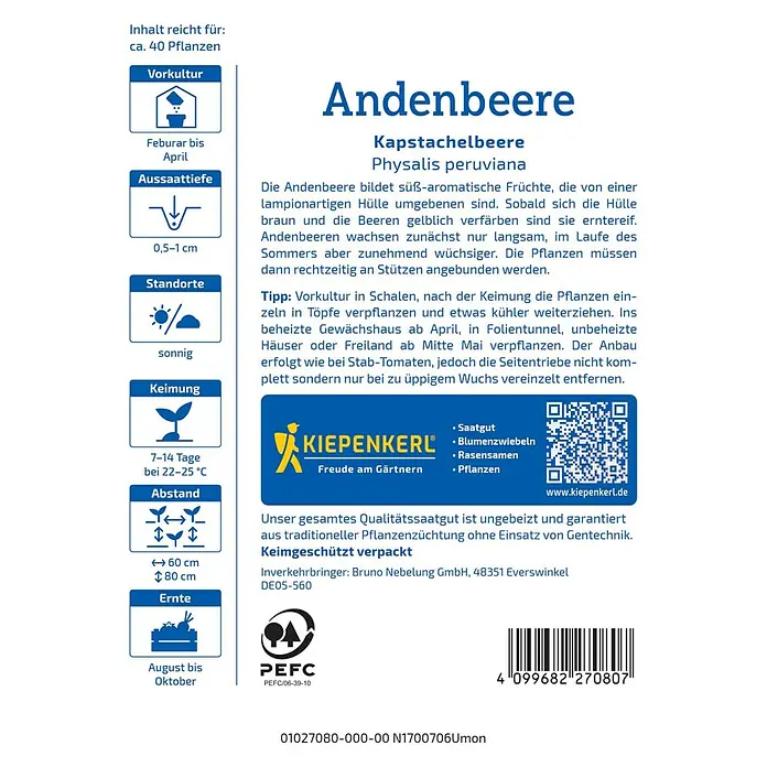 Kiepenkerl Profi-Line Obstsamen Andenbeere Kapstachelbeere - Physalis peruviana, Erntezeit: August - Informationsblatt für Andenbeere (Physalis peruviana) Samen, mit Anbauhinweisen und Erntezeitraum.