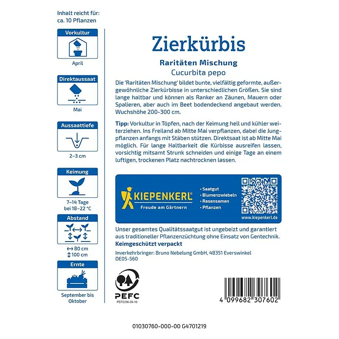 Kiepenkerl Profi-Line Saatgut Zierkürbis - Cucurbita pepo - Bild einer Zierkürbis-Verpackung der Marke Kiepenkerl mit Anweisungen zum Anbau und zur Ernte.