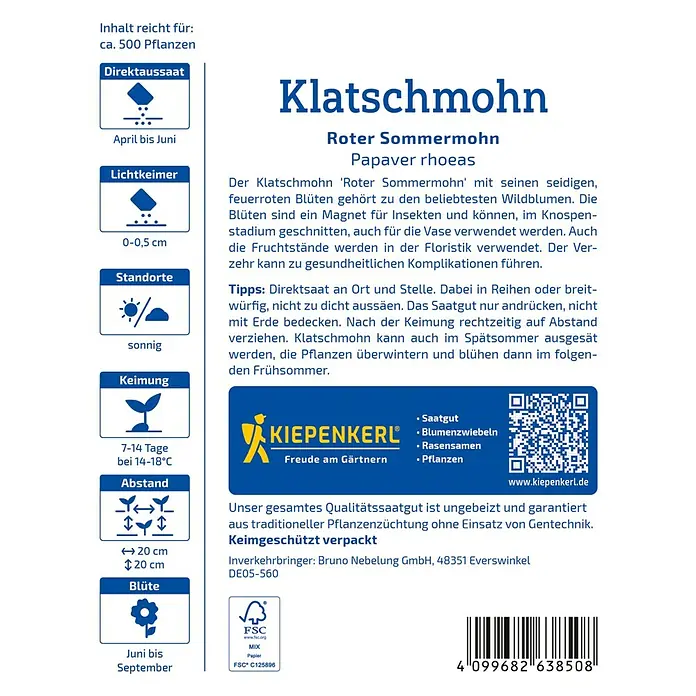 Kiepenkerl Profi-Line Blumensamen Klatschmohn - Papaver rhoeas, Rot, 3 m² - Abbildung der Klatschmohn-Samenpackung mit Infos zu Aussaat, Standort und Blütezeit.